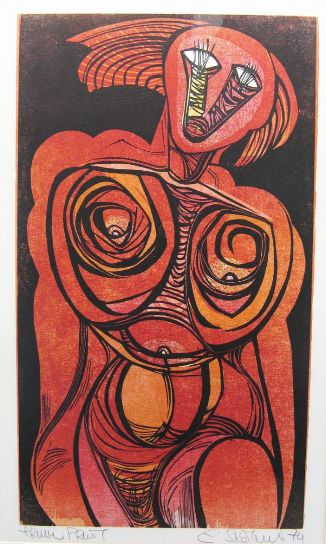 Click the image for a view of: Cecil Skotnes. Untitled (male figure). 1974. Woodcut. Trial Print. 750X480mm